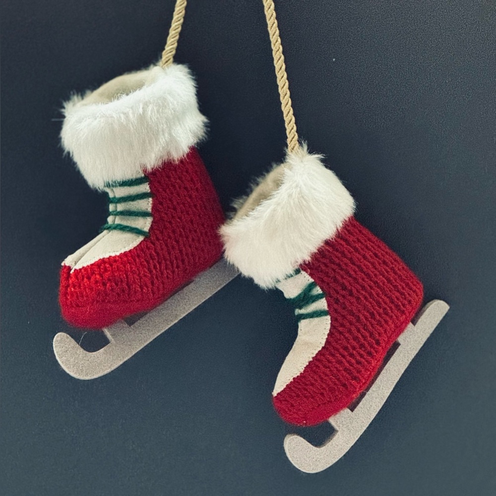 Red and White Sweater Knit Ice Skate Ornaments